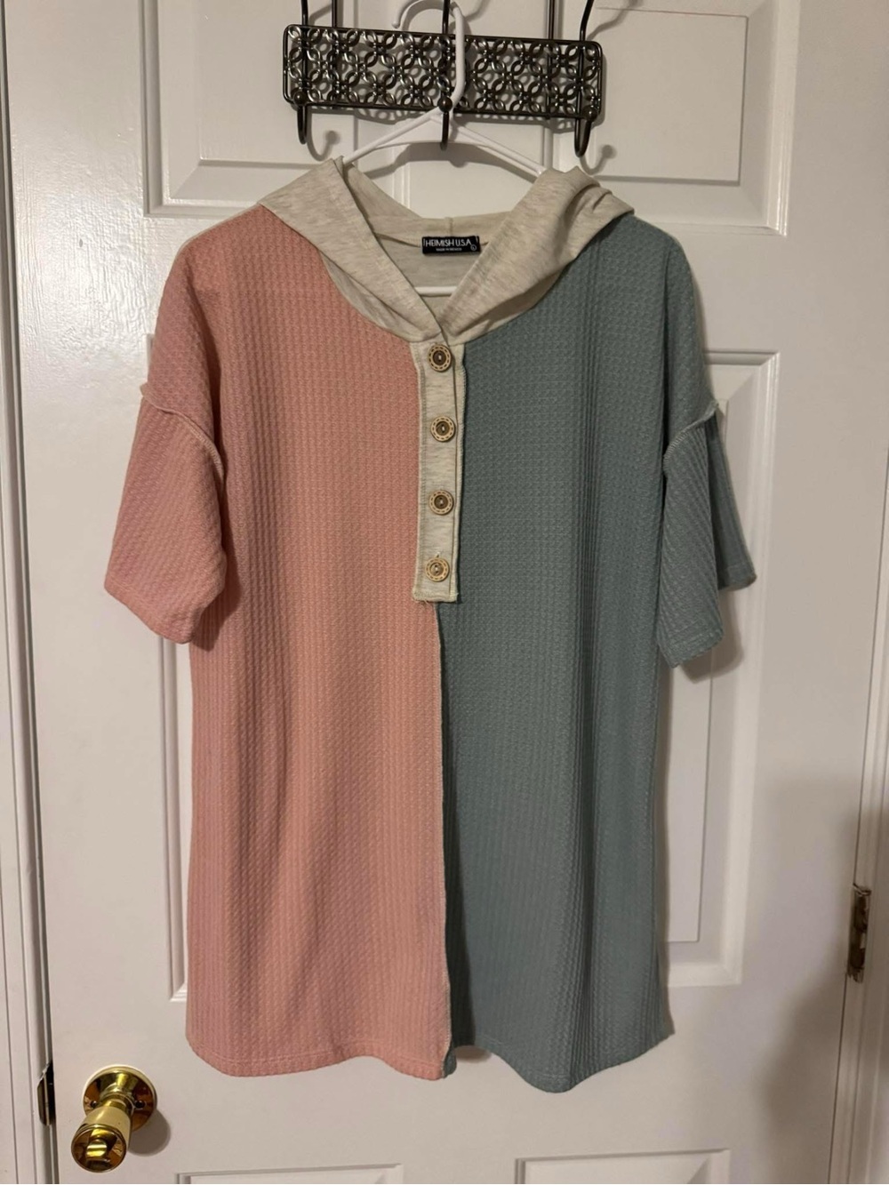 HEIMISH USA Cream and Pink Waffle Knit Hoodie with Sage Accent